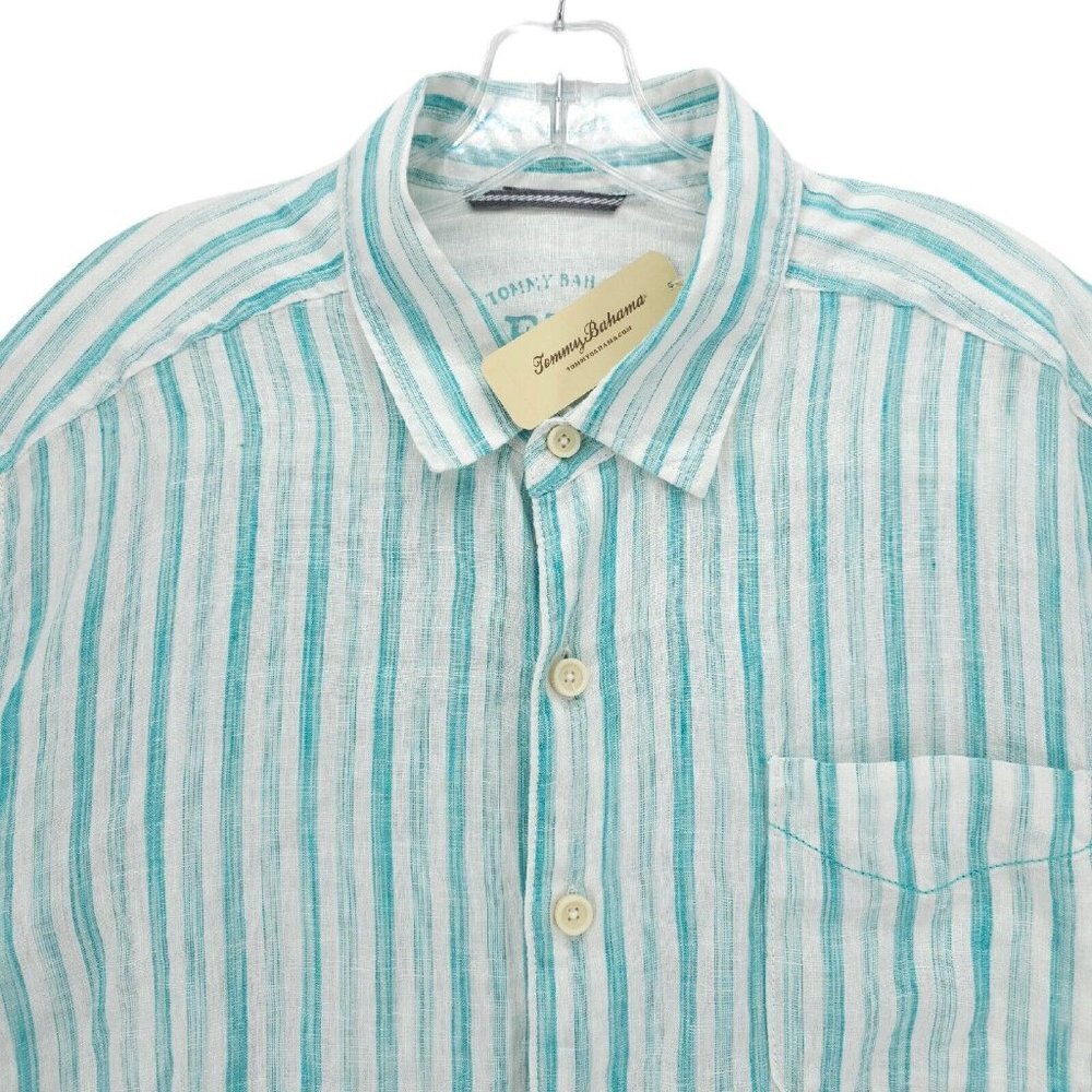 Tommy Bahama Teal and White Striped Casual Button Down Shirt